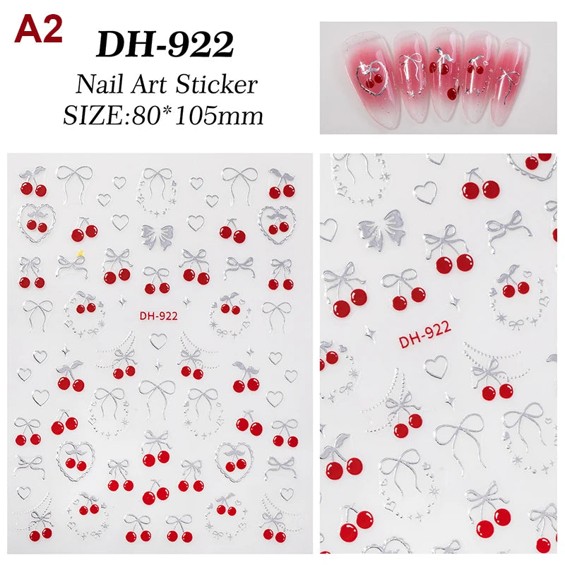 Fresh Sweet Fruits Strawberry Cherry Bowknot Love Heart Bow 5D Nail Qme A2