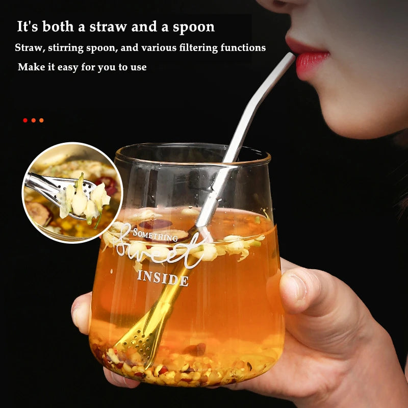 Stainless Steel Drinking Straw Spoon Tea Filter Detachable Reusable Metal Straws with Brush Drinkware Bar Party Tool Accessories Qme