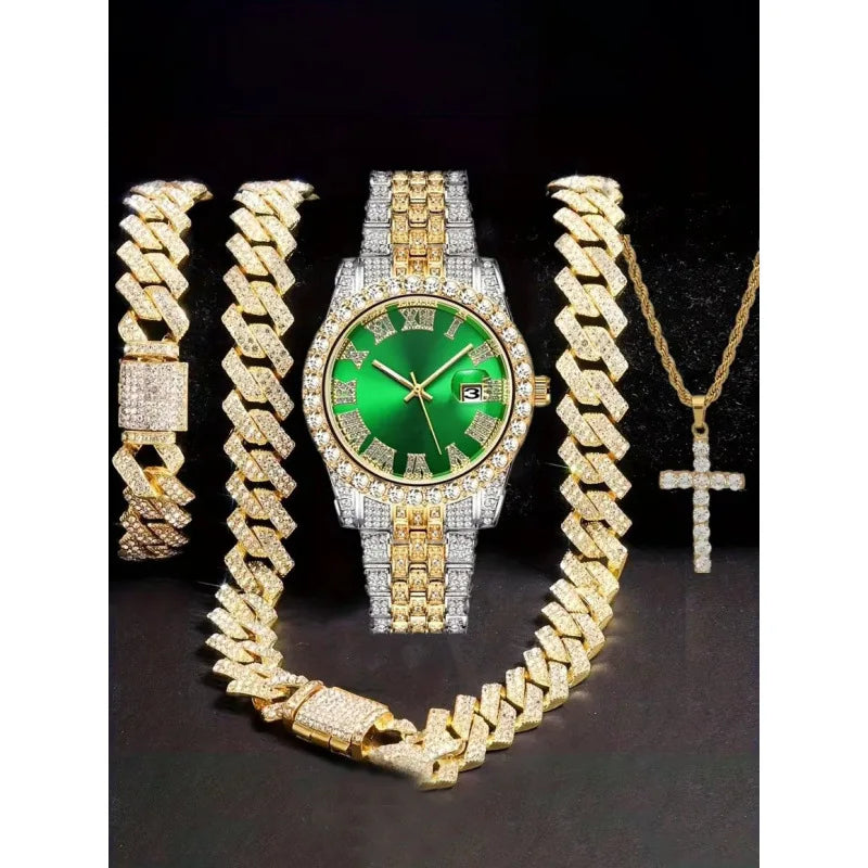 Hip hop watch+bracelet, strap, necklace set, diamond studded hip hop watch set, WATCH large dial Qme Coffee
