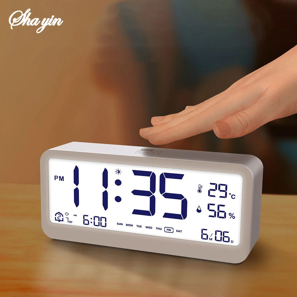 8001-EN Multifunctional Digital Clock LED Brightness Adjustable Temperature Humidity Displaying Alarm Clock with Dual Modes Qme