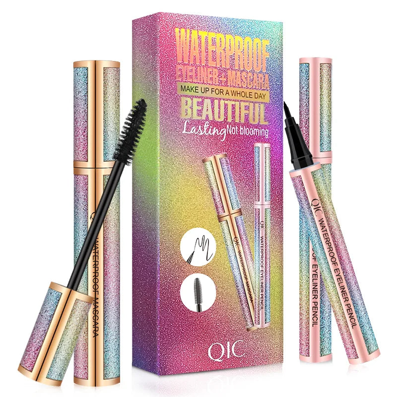 Black Mascara Liquid Eyeliner Set,5D Waterproof Fiber Colored Mascara Volume and Length,Longlasting Smudgeproof Eye Liner Pen Qme Q809