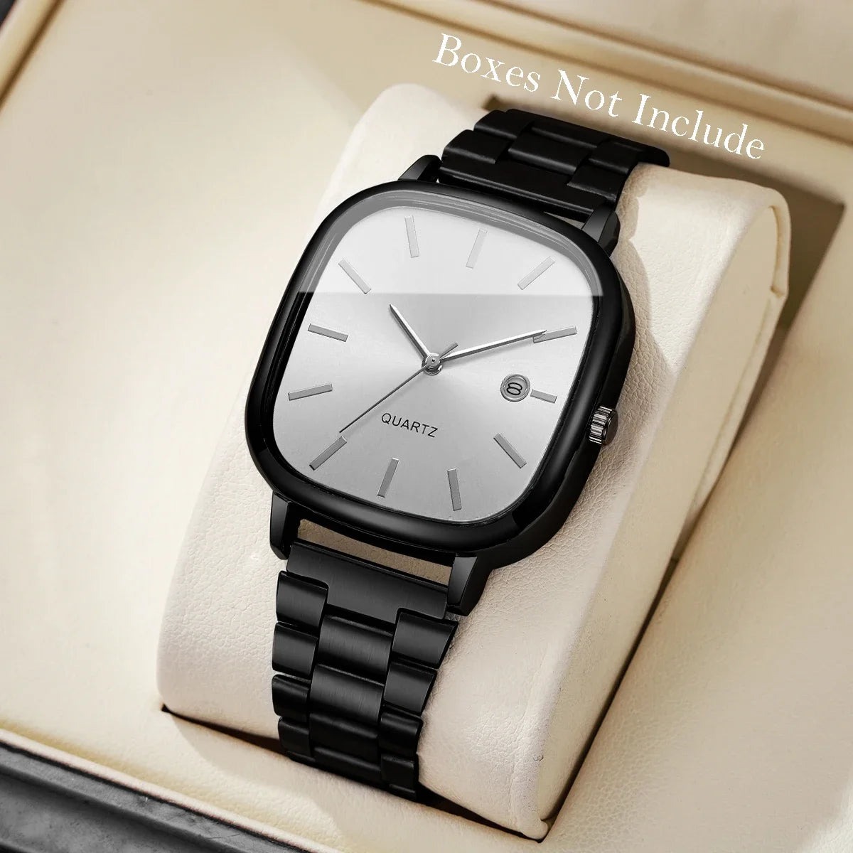 Steel strap watch, retro silver square watch, calendar, high-end feel, men's and women's commuting watch Qme Black White No Box
