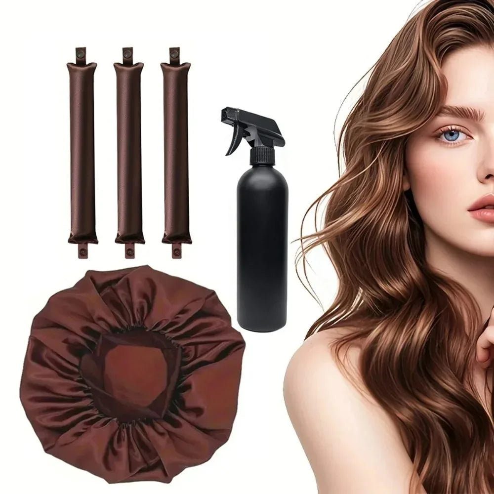 Heatless Hair Curler Satin Sleeping Cap Spray Bottle Overnight Qme