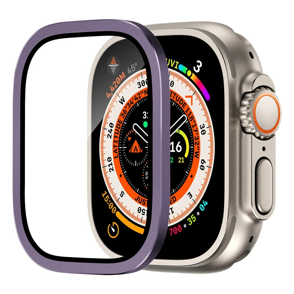 Tempered Glass for Apple Watch Ultra 2 49mm Screen Protector Metal Frame Anti-Scratch for IWatch Series Ultra 49 mm Accessories Qme Purple For Ultra 2 49mm