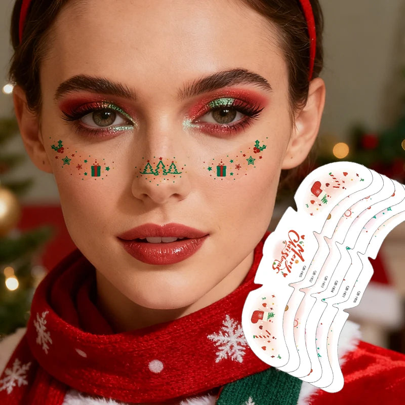 Pink Christmas Face Tattoo Stickers Snowflakes Deer Stars Heart Qme