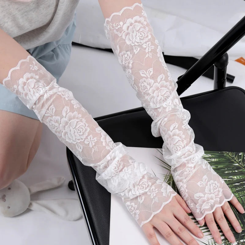 Summer Lace Hollow-out Fingerless Gloves Elastic Driving Cycling Qme
