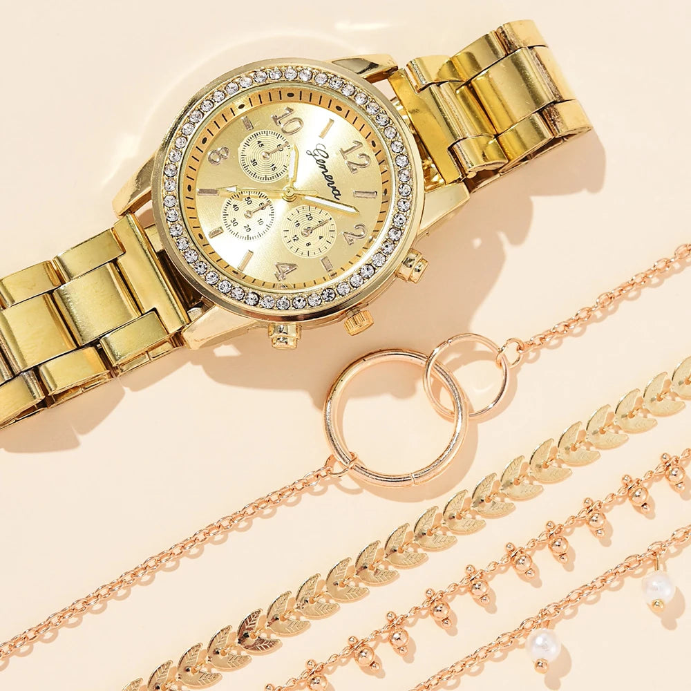5PCS Quartz Watch Set Women Fashion Silver Round 3 Eyes Alloy Strap Wristwatch Gift Rhinestone Watch For Women Jewelry Set Qme