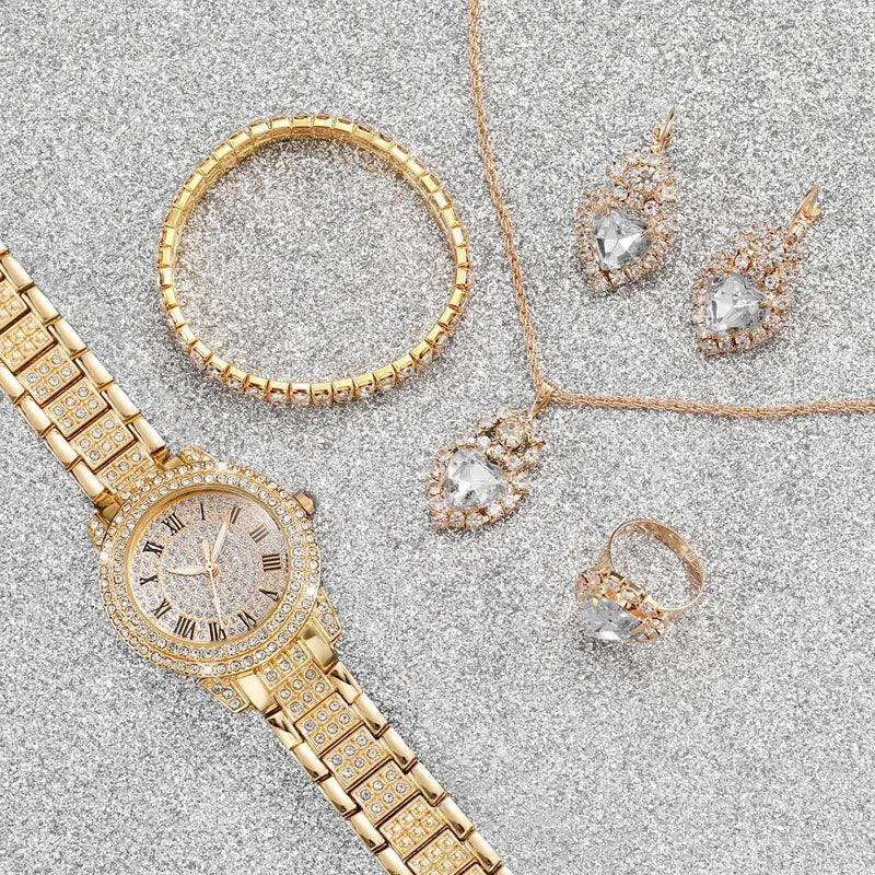 6PCS/Set Fashion Full Diamond Women's Watch Gold Steel Band Quartz Watches Diamond Jewelry Set Qme
