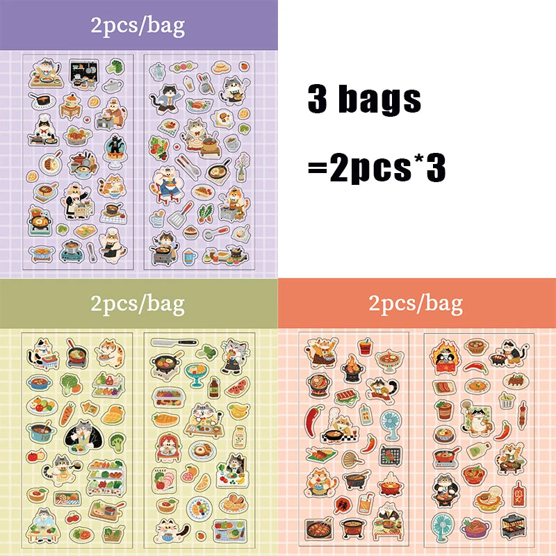 Vibrant Food & Cat Series Sticker Pack, Decor Stickers for Notebooks, Junk Journals, Water Bottles, Storage Boxes & Phone Cases Qme 3 bags-A