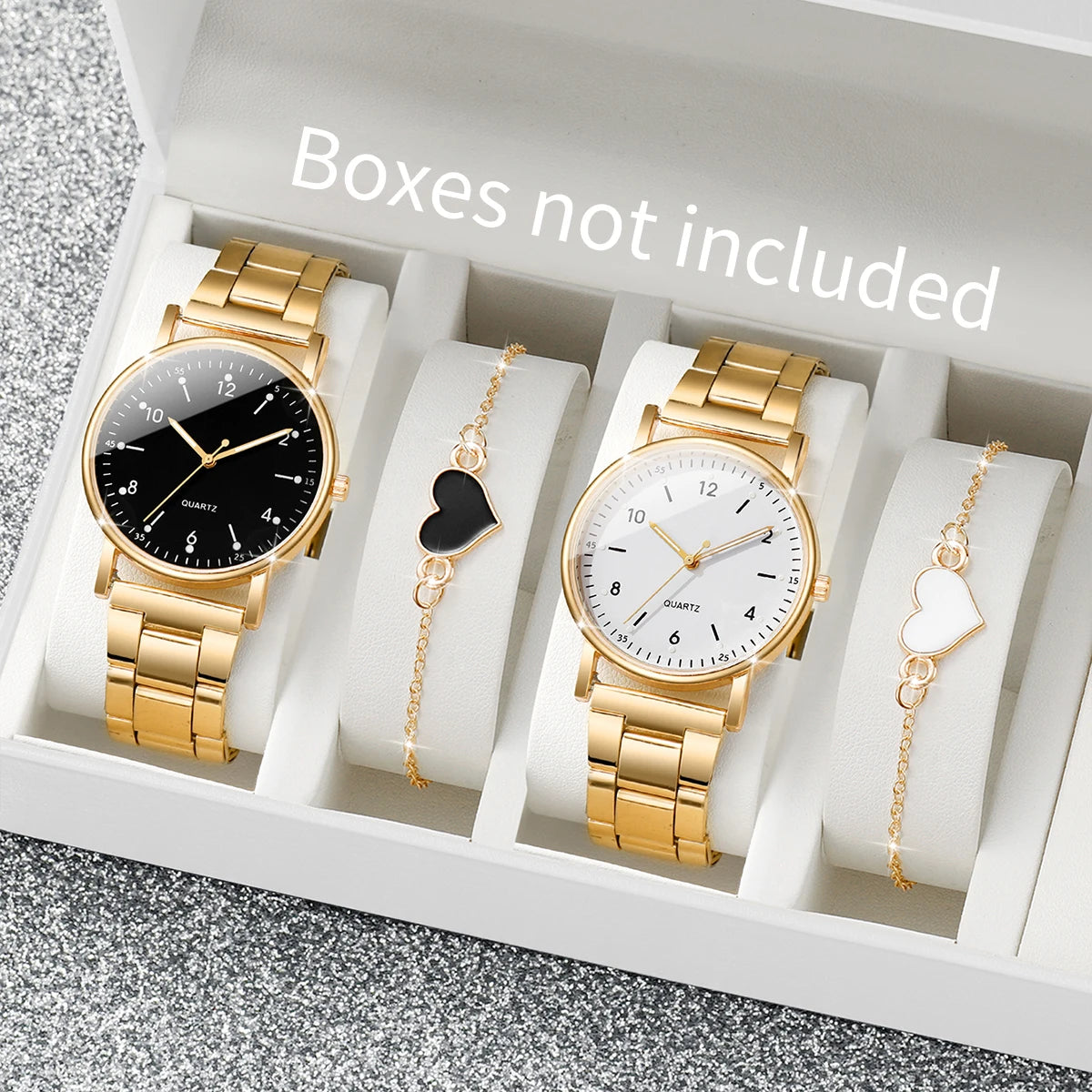 4Pcs Women’s Gold Quartz Watch Set, Minimalist Round Dial Steel Band Wrist Watch with Heart Pendant Bracelet Jewelry Gift Kit Qme 4PCS Set Without Box