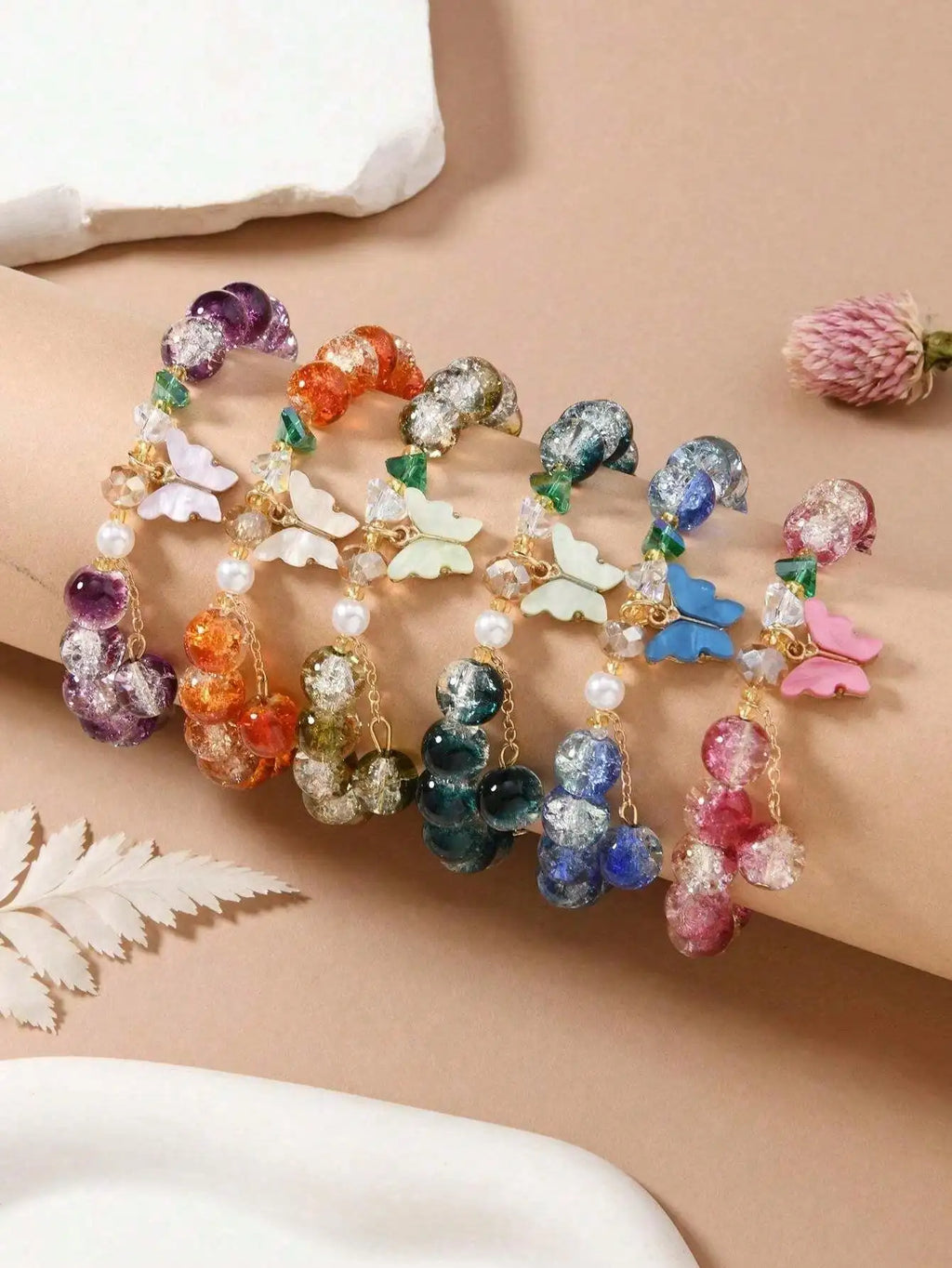 Handmade Beaded Bracelet Glass Crackle Crystal Pearl Butterfly Decor Qme