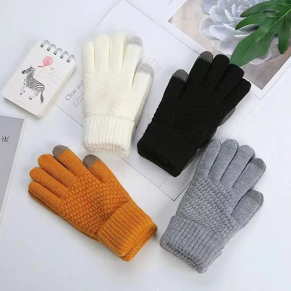 1Pair Women Gloves Knitted Solid Autumn Winter Hand Warmer Thicken Lining Skiing Short Wrist Female Full Fingered Mittens Qme