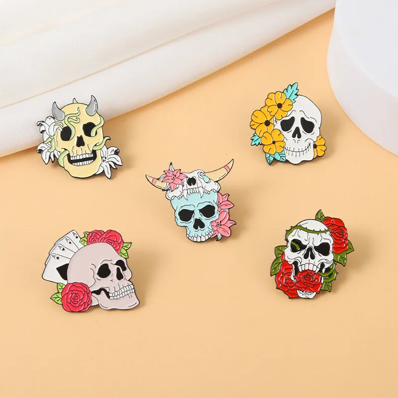Flower Skeleton Enamel Pins Skull Badges Punk Plant Brooches Lapel Clothes Backpack Gothic Women Men Kids Jewelry Gift Wholesale Qme