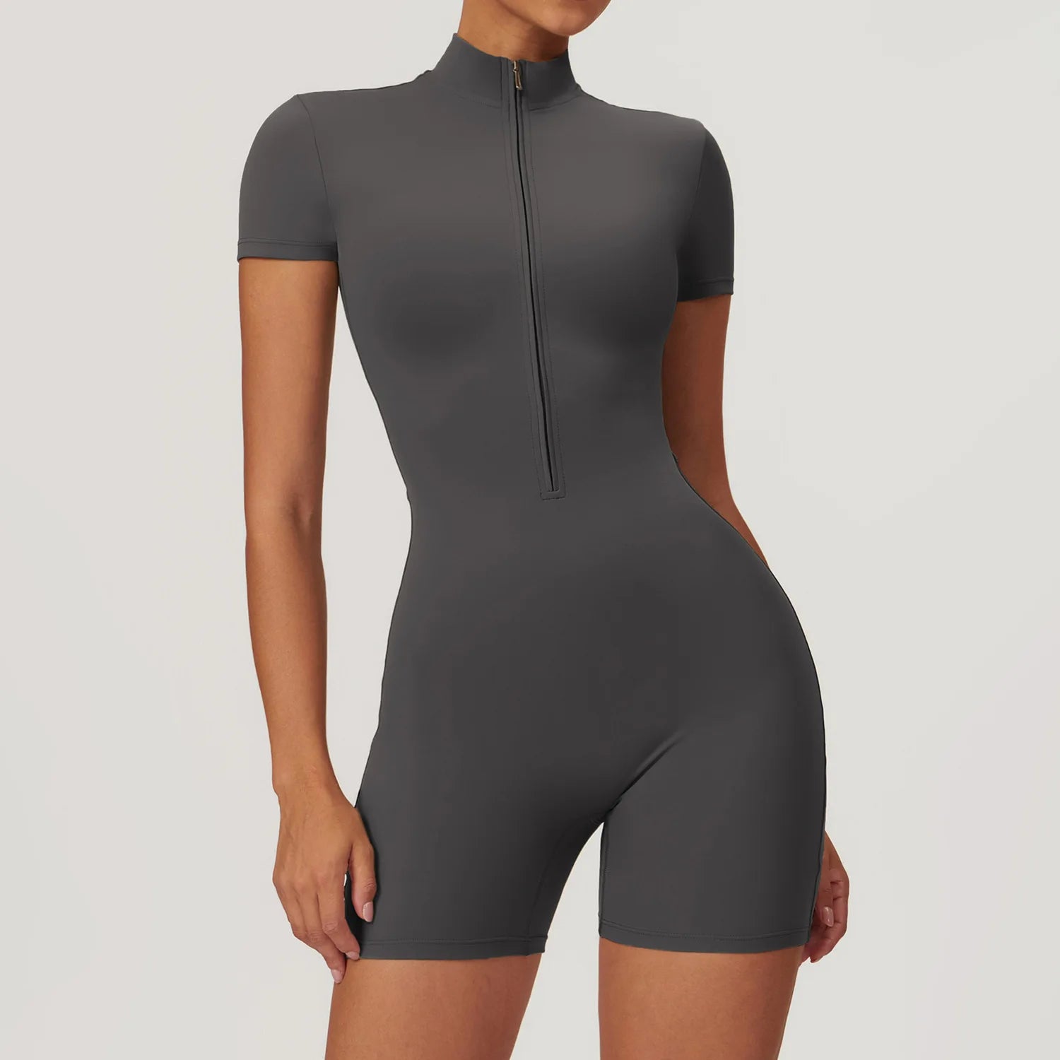 B European And American Nude One-piece Yyoga Suit With Stand Up Collar Half Zzipper Short Sleeved Fitness Jumpsuit Tight fitting Qme Free Grey XL