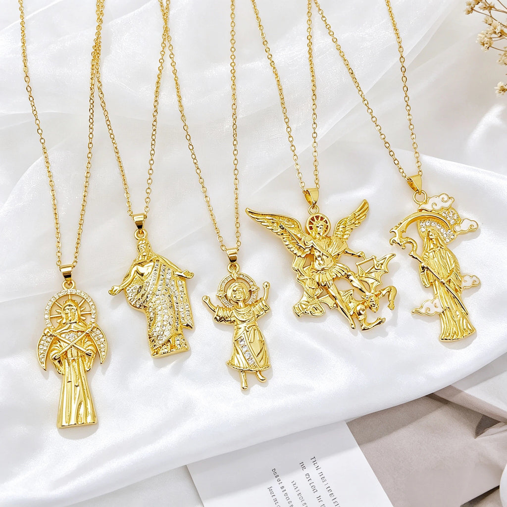 Gold-Plated Religious Medal Zircon Necklace Archangel Saint Michael Santa Muerte Jesus Choker Amulet Jewelry for Men Women New Qme