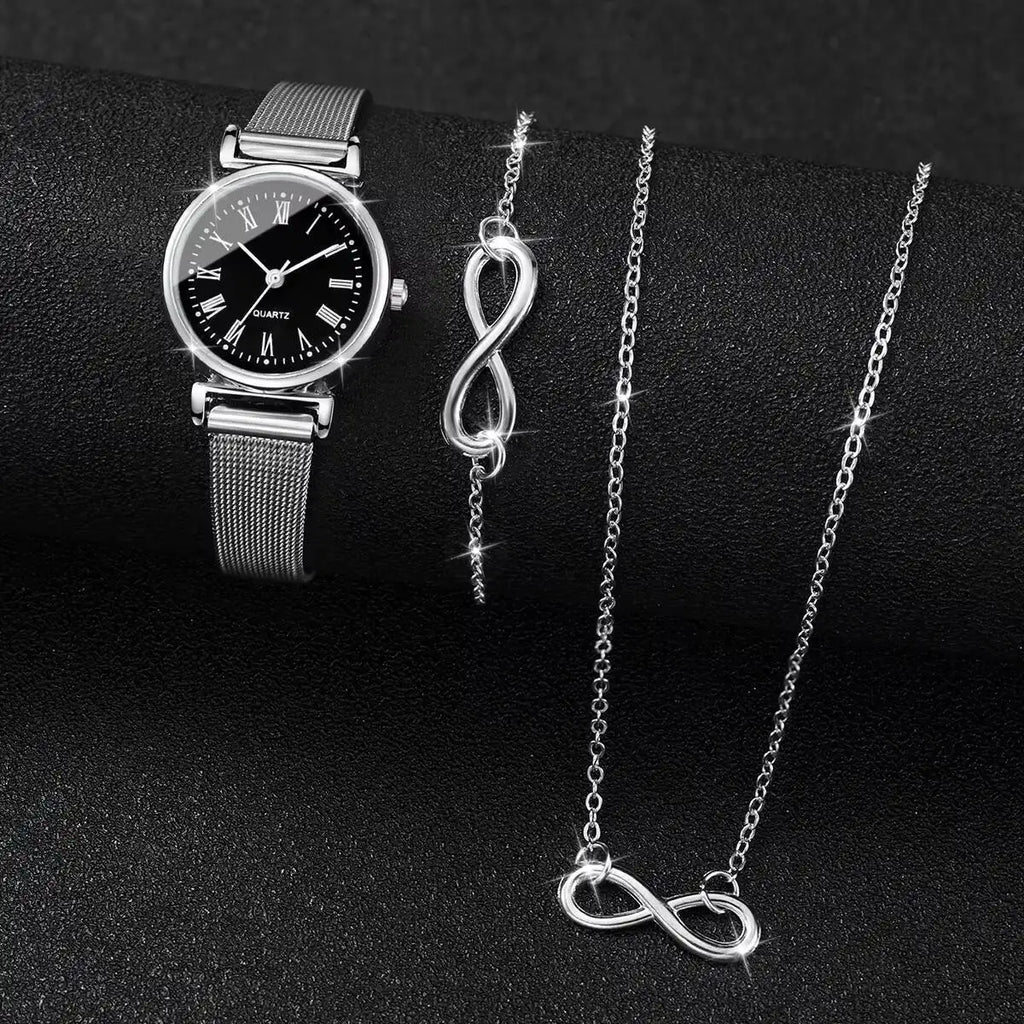 3PCS Fashion Roma Dial Women Watches Silver Mesh Band Quartz Wristwatches Jewelry Set Qme