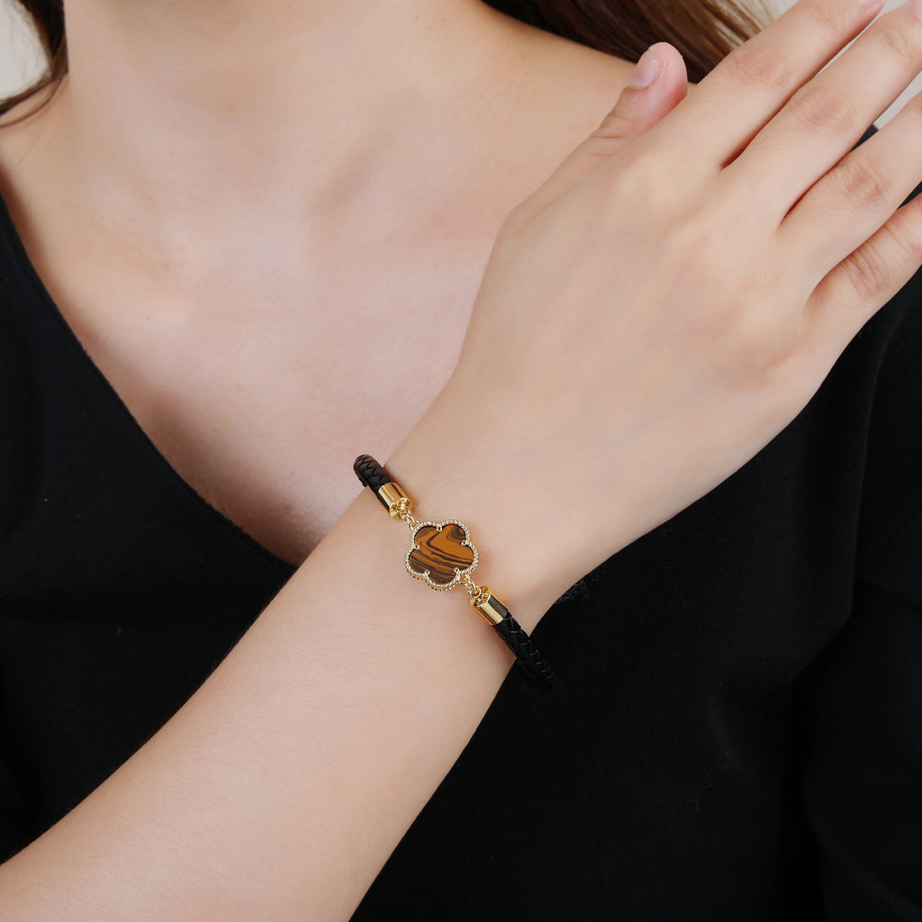 10 Colors Natural Gem Five-Leaf Flower Leather Bracelet Stainless Steel Magnetic Buckle for Women Flower Jewelry Free Shipping Qme
