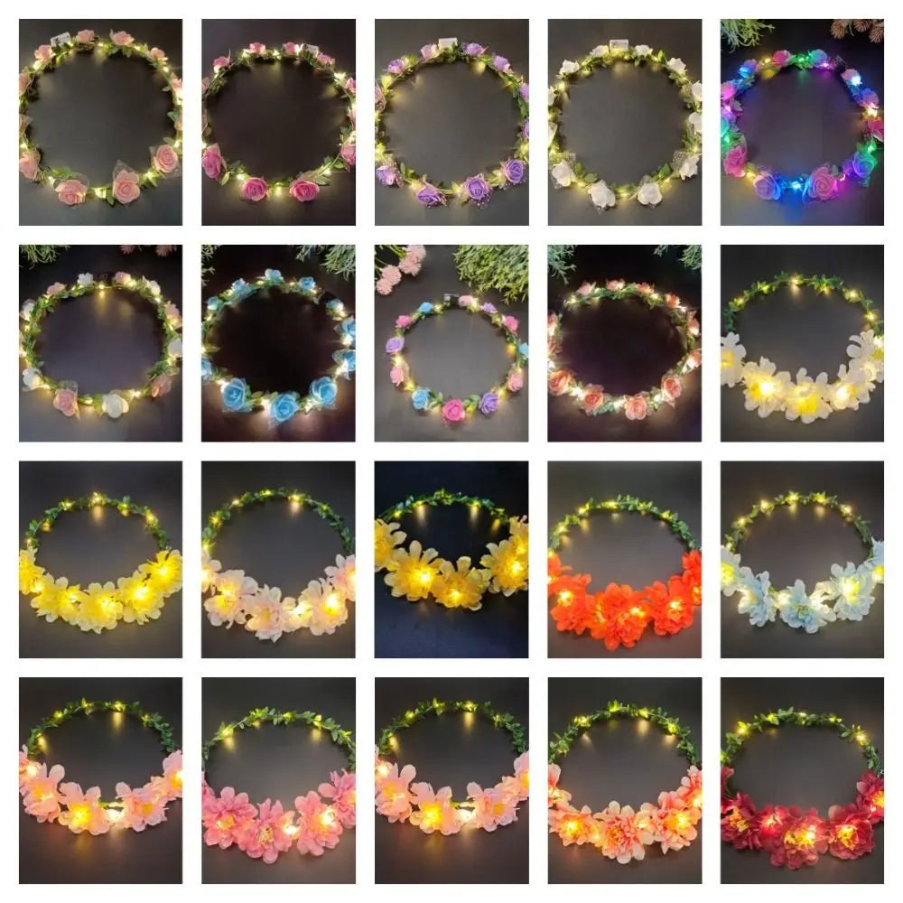 Simulation Rose Flower Wreath Headband Tiara LED Light Crowns Qme