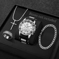 4Pcs Men Accessories Set Fashion Big Dial Quartz Watch Cross Necklace Bracelet Ring Hip Hop Men Daily Wear Gift Qme Silver Without Box