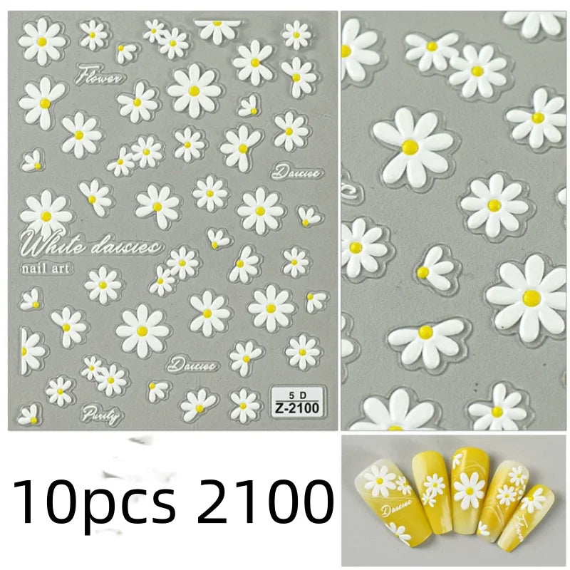 5D Flower Daisy Embossed Stickers Nail Sliders Decals Daisy White Florals Petals Flowers Back Glue Nail Sticker Decoration Qme 10pcs 2100