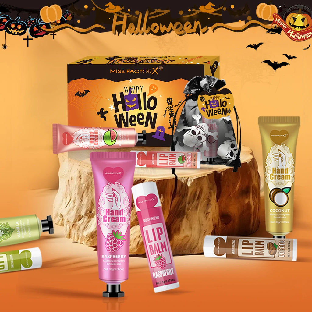 12 Halloween gift sets/box, lip balm set, hand cream set, Easter, skull mesh bag and pumpkin card, Trick or treat Qme