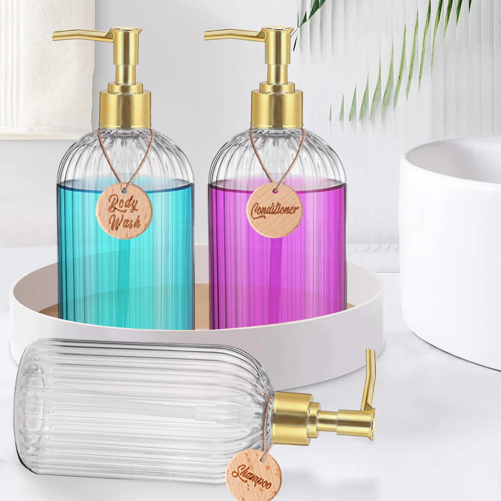 Set of 3 Refillable Shampoo and Conditioner Bottles, 16.9oz/500ml Elegant Guest Room Decoration Shampoo Dispenser with Gold Pump Qme