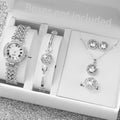 6PCS/Set Luxury Rhinestone Women's Watch Silver Band Ladies Roma Dial Quartz Watch Jewelry Set（Without Box） Qme 6PCS Set Without Box