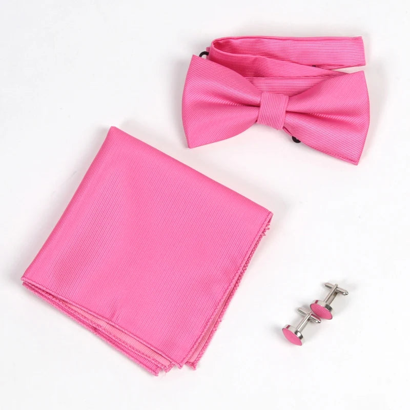 Men's Solid Bow Tie Sets Including Exquisite Cufflinks Soft Qme Rose Red