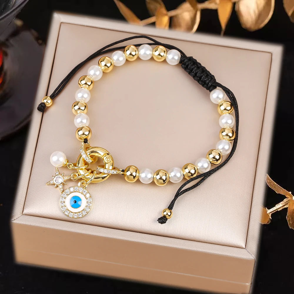 Black Rope Braided Pearl Evil Eye Copper Bead Chain Bracelet Personalized For Man Woman Birthday Holiday Jewelry Prayer Gift Qme H