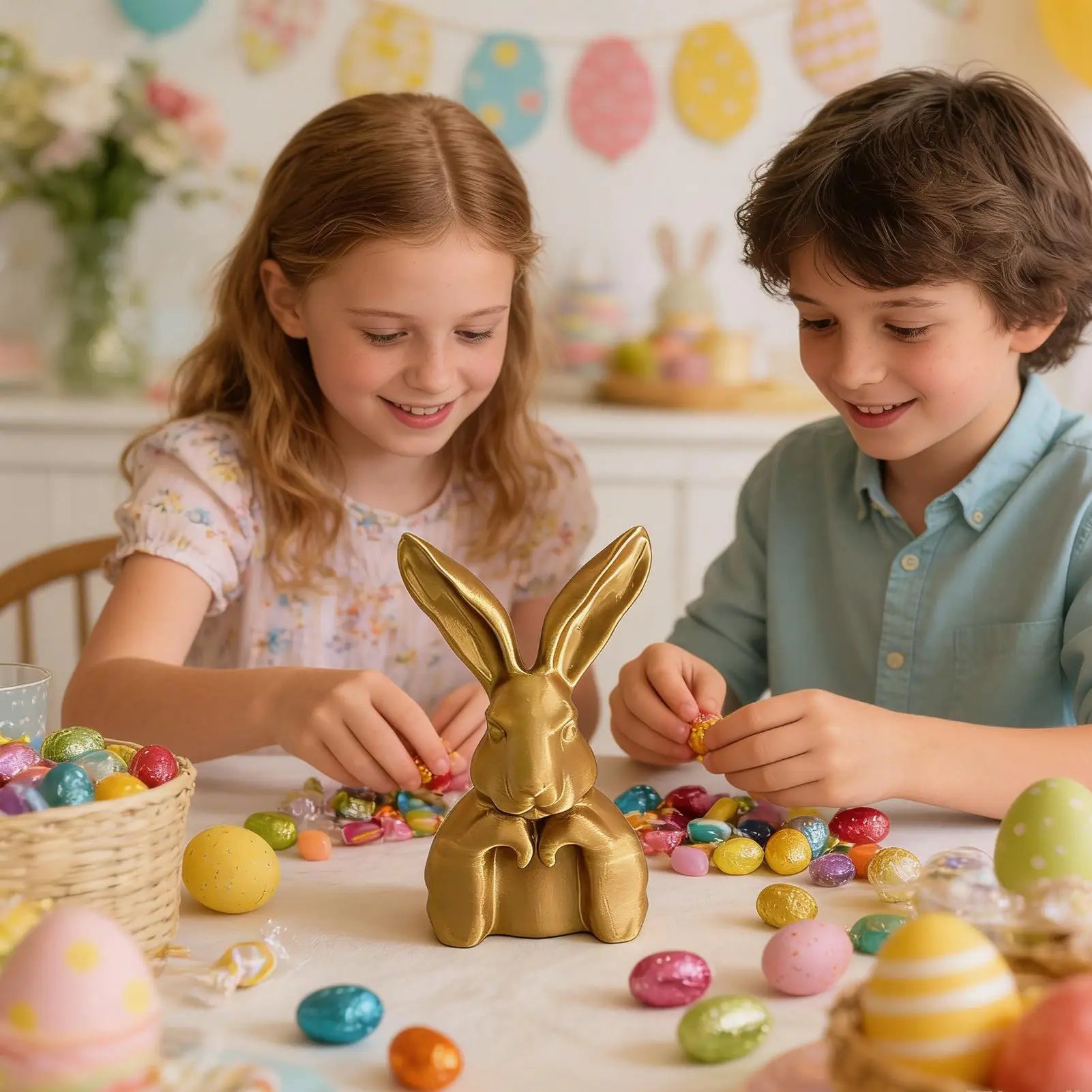 Bunny Figurines 3D Printed Decorative Sculpture Gold Decor Home Qme