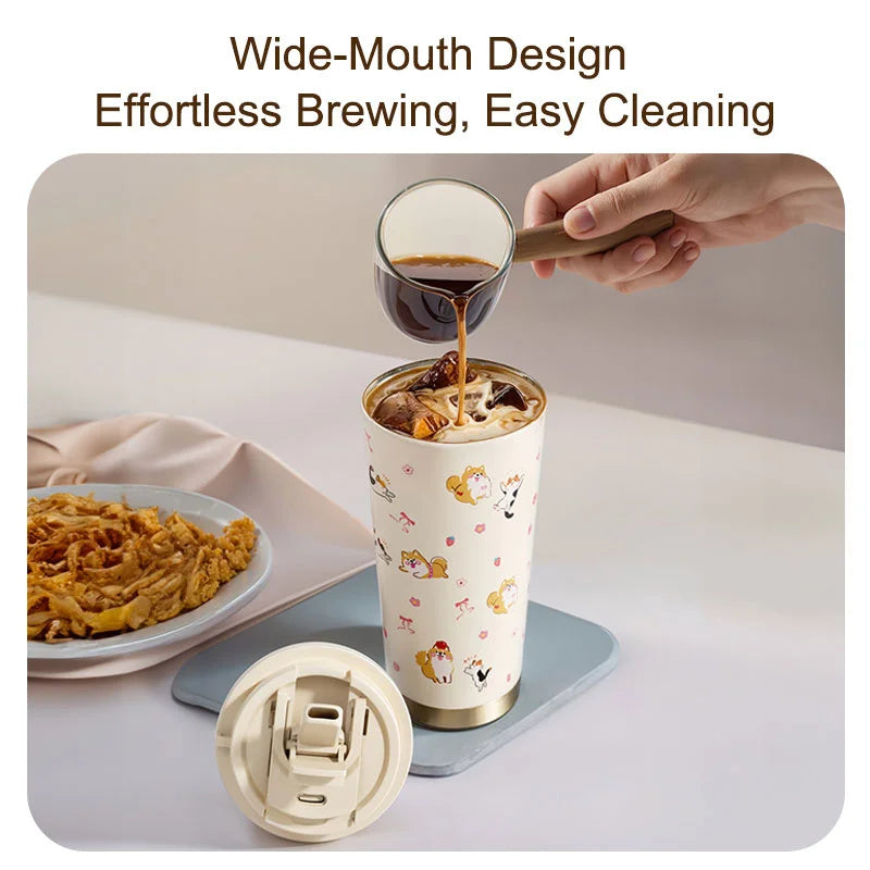 Floral Kitten Design Dual-drink Vacuum Insulated Cup Large Capacity Qme