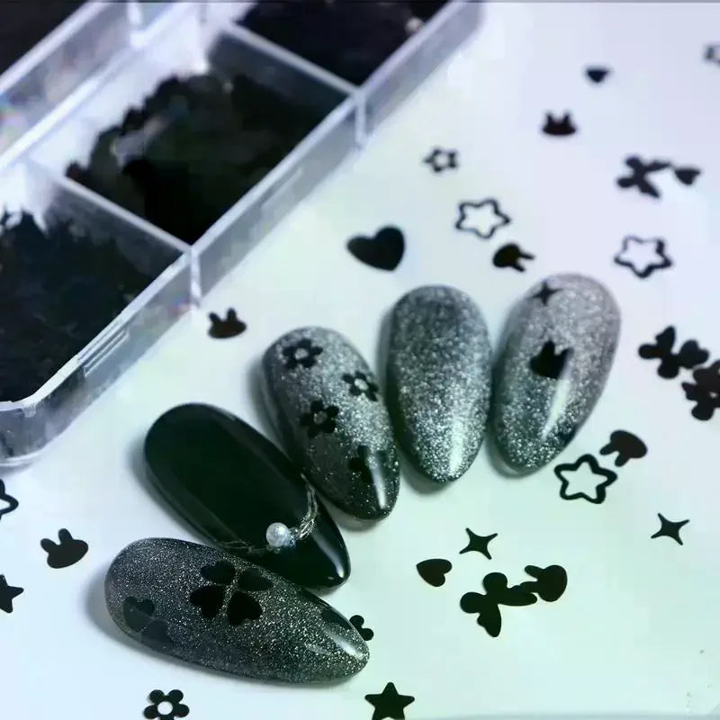 6 Grids Black Heart-shaped Butterfly Star Nail Glitter Mixed Decor Qme