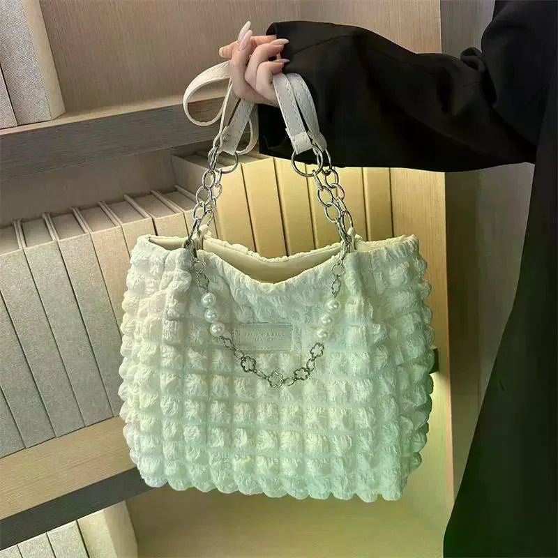 Bubble Textured Tote Bag Pearl Chain Decoration Large Capacity For Shopping Dating Office Commute Qme