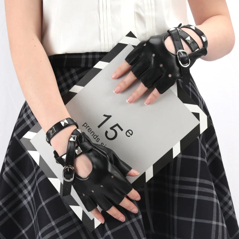 Black Sexy Bandage Rivet Gloves Personality Buckle Straps Punk Women Qme