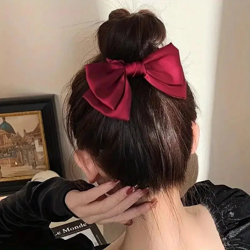 French Bow Scrunchie Elastic Hair Tie Elegant Satin Luxury Textured Qme