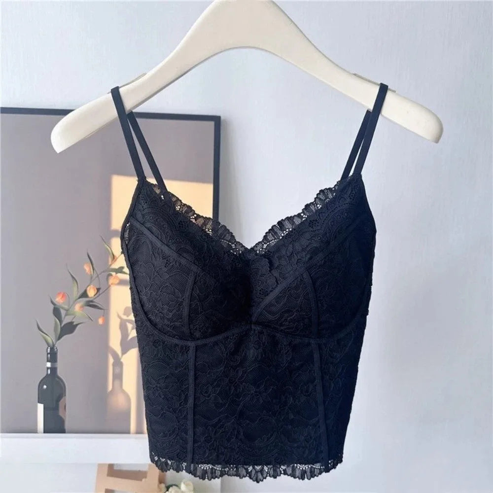 Mesh Flower Slim Lace Crop Sweet Camisoles Summer Girl's Vest Spicy Qme Black L