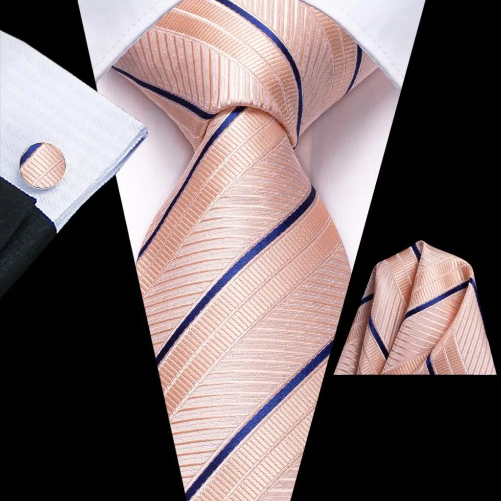 Hi-Tie Striped Navy Blue Mens Fashion Necktie Handkerchief Cufflinks for Tuxedo Accessory Classic Silk Luxury Tie for Man Gift Qme SN-3424