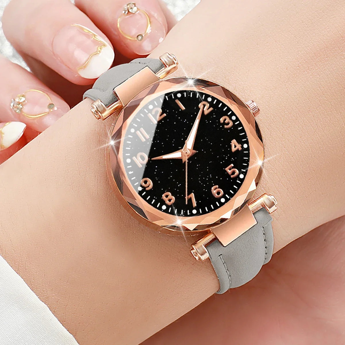 5pçs moda céu estrelado dial relógios femininos simples casual pulseira de couro mulher relógio de quartzo reloj mujer presente Qme 5