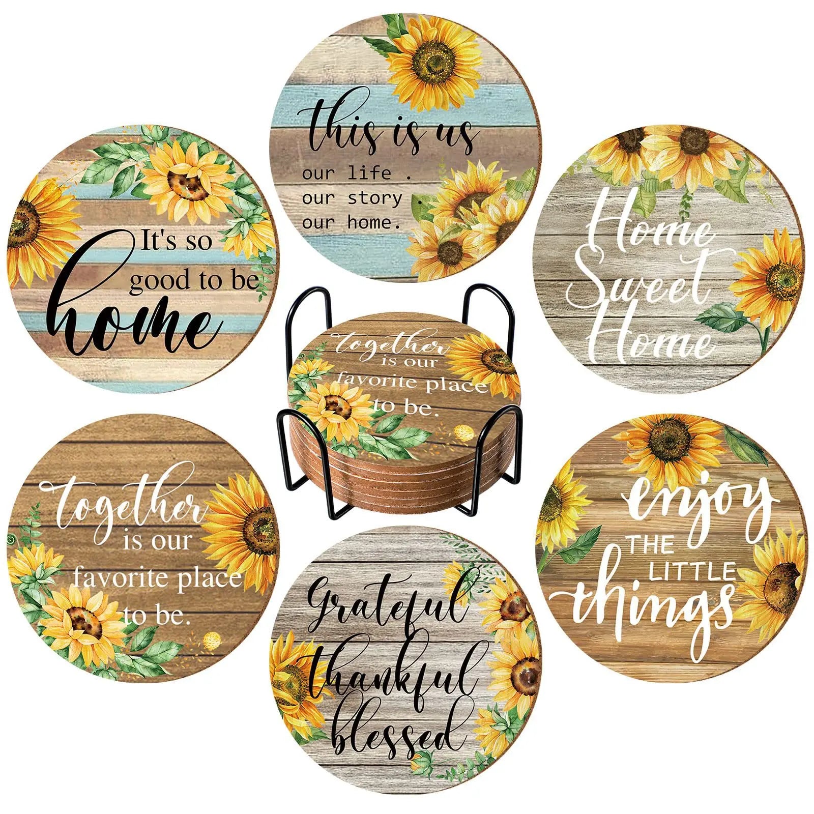 Vintage Sunflower Drink Coasters Holder Absorbent Wood Coaster Qme Wood 6Pcs Sunflower