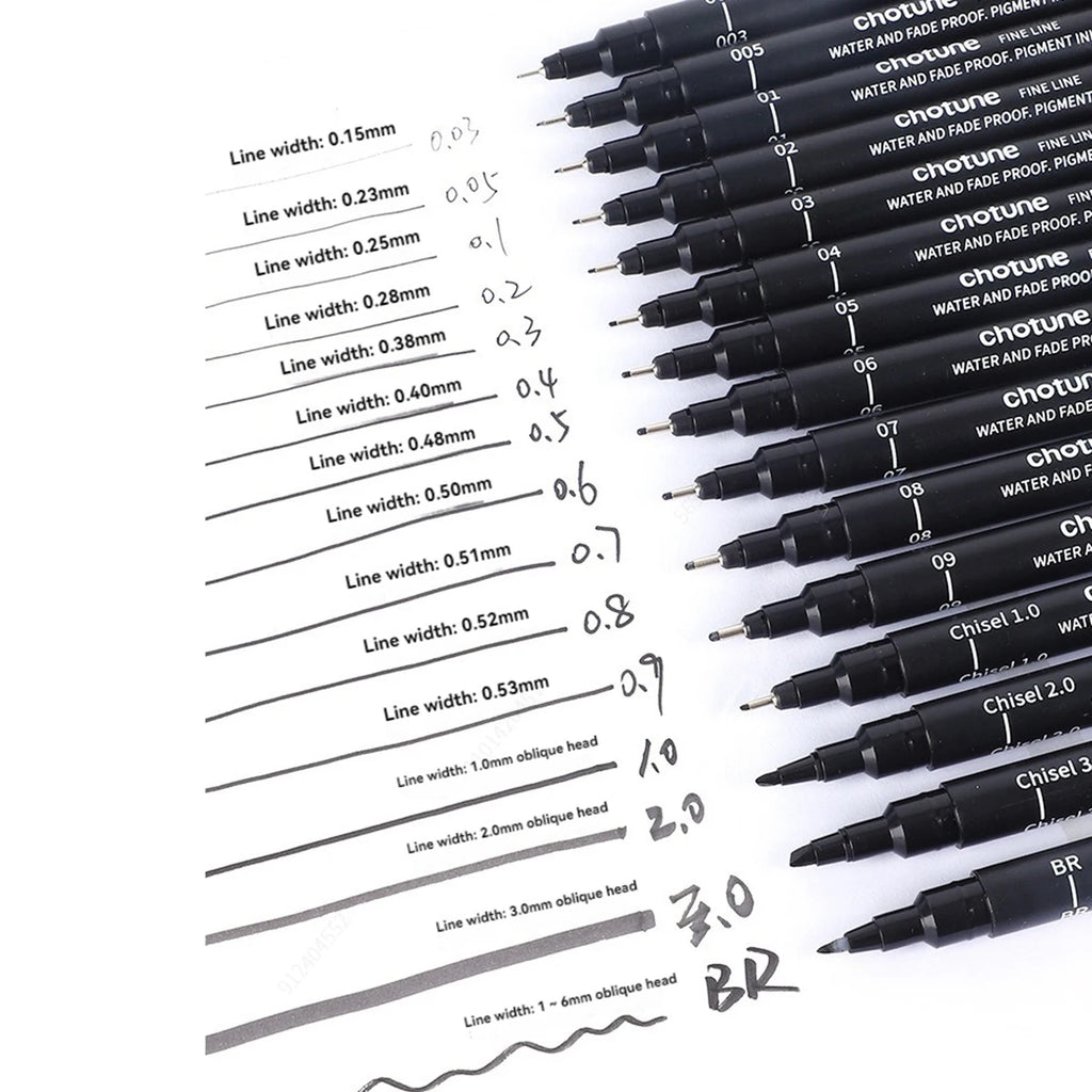 Black Micro Fine Pens,15 Sizes,Waterproof Archival Ink,Fine Tip Manga Markers for Artist Anime Sketch Technical Qme