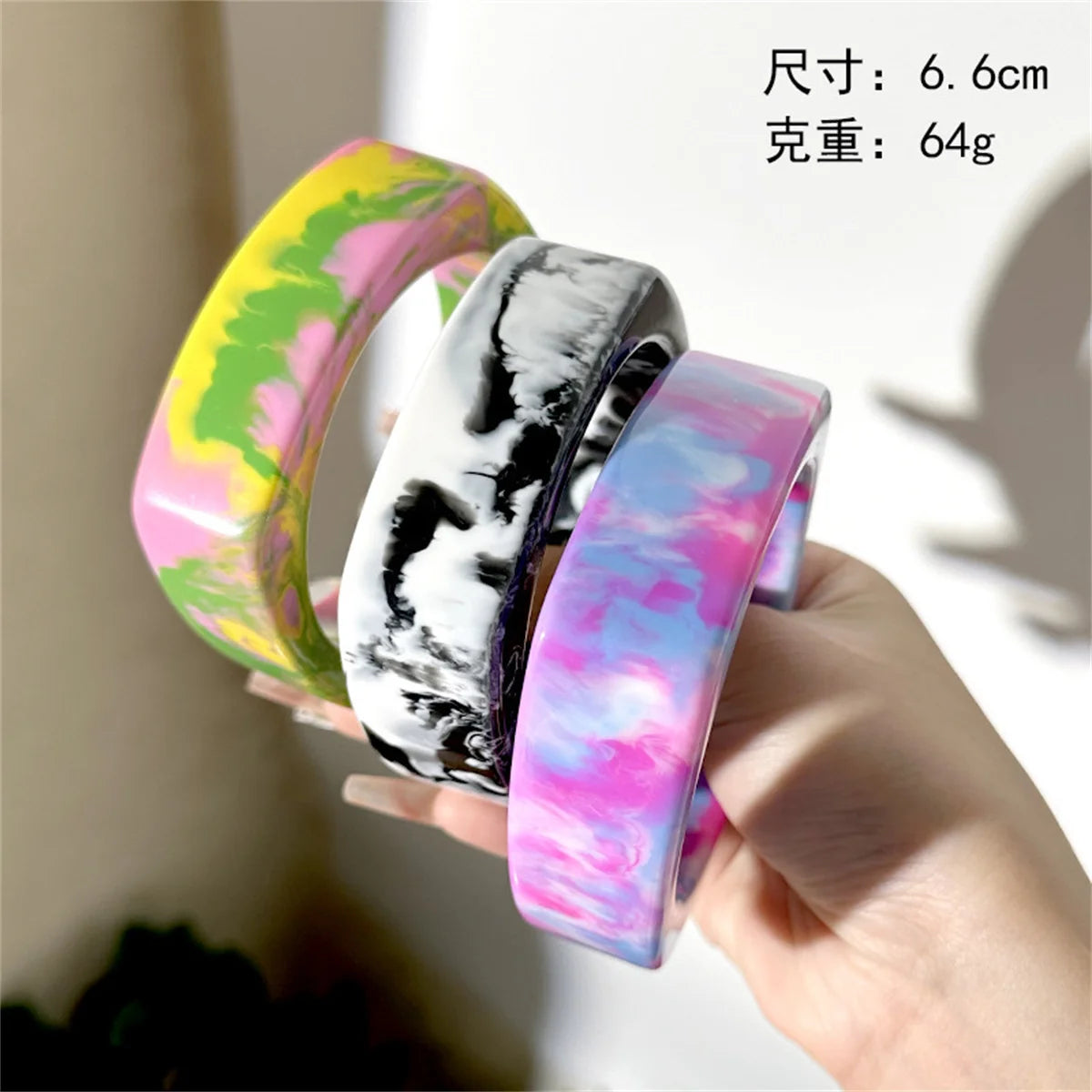 Ins Exaggerated Colorful Geometric Texture Round Square Wide Thick Resin Hip Hop Bracelet for Women Girls Jewelry Bracelet Girl Qme