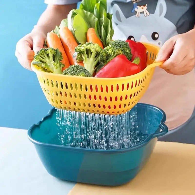 Fruit Vegetable Drain Basket Plastic Green Yellow Household Qme
