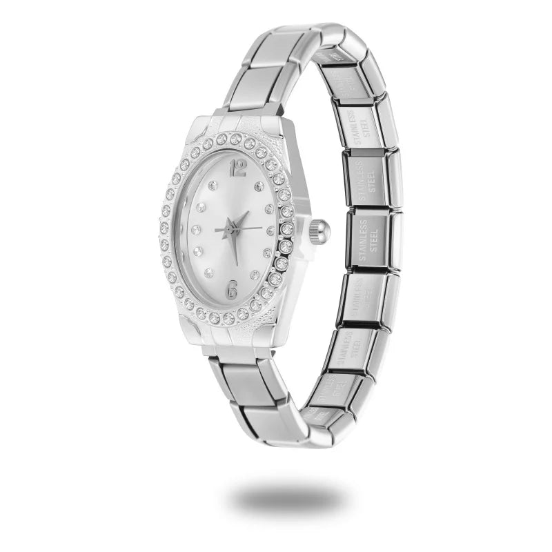 New2026 Vintage High Quality Oval Inlaid Zircon Stainless Steel Watch Bracelet Women's 9MM DIY Italian Charm Bangle Jewelry Gift Qme Style 32