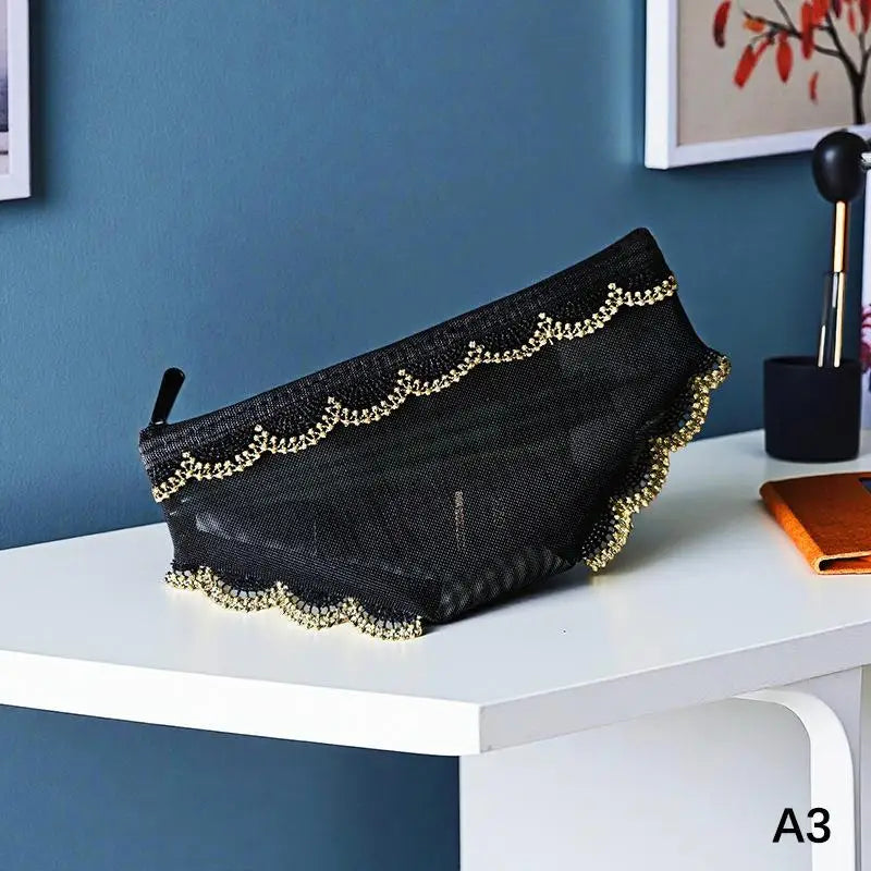 Lace Trim Mesh Cosmetic Bag Transparent Design And Portable Perfect For Travel Daily Use Storing Qme style 1