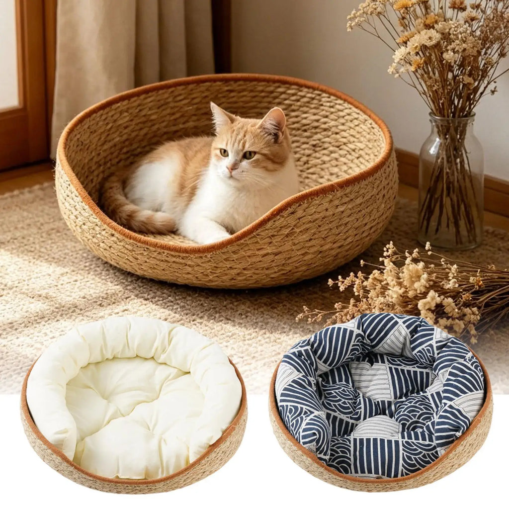 Cat Basket Bed Aesthetic Woven Cotton Rope Pad Nest Sofa Living Room Qme