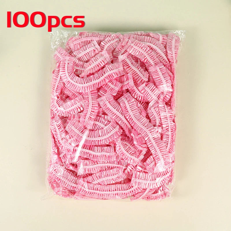 100pcs/set Disposable Shower Caps Plastic Waterproof Headgear Pink Spa Salon Hotel Hair Dye Women Elastic hair Cap Bathroom Qme 100pcs-pink