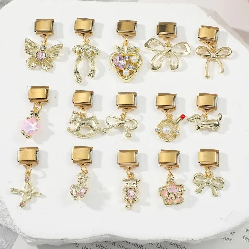 1PC Charm Cute Cartoon Pearl Dogs Horse Pendant Italian Charm Link Fit 9mm Bracelet Stainless Steel DIY Jewelry Making Wholesale Qme