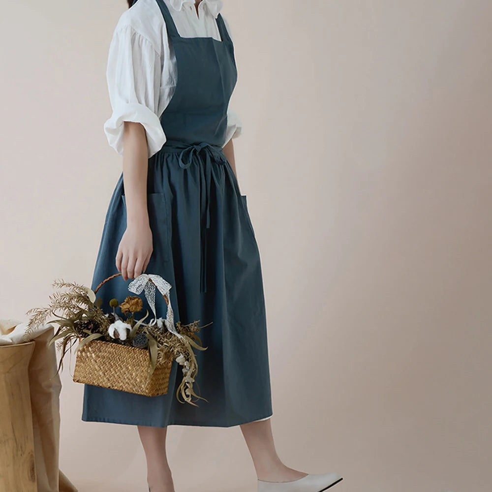 Jananese Summer Apron Art Long Home Baking Dessert Teacher Floral Painting Students Dress Apron For Woman Girl Kitchen Qme blue