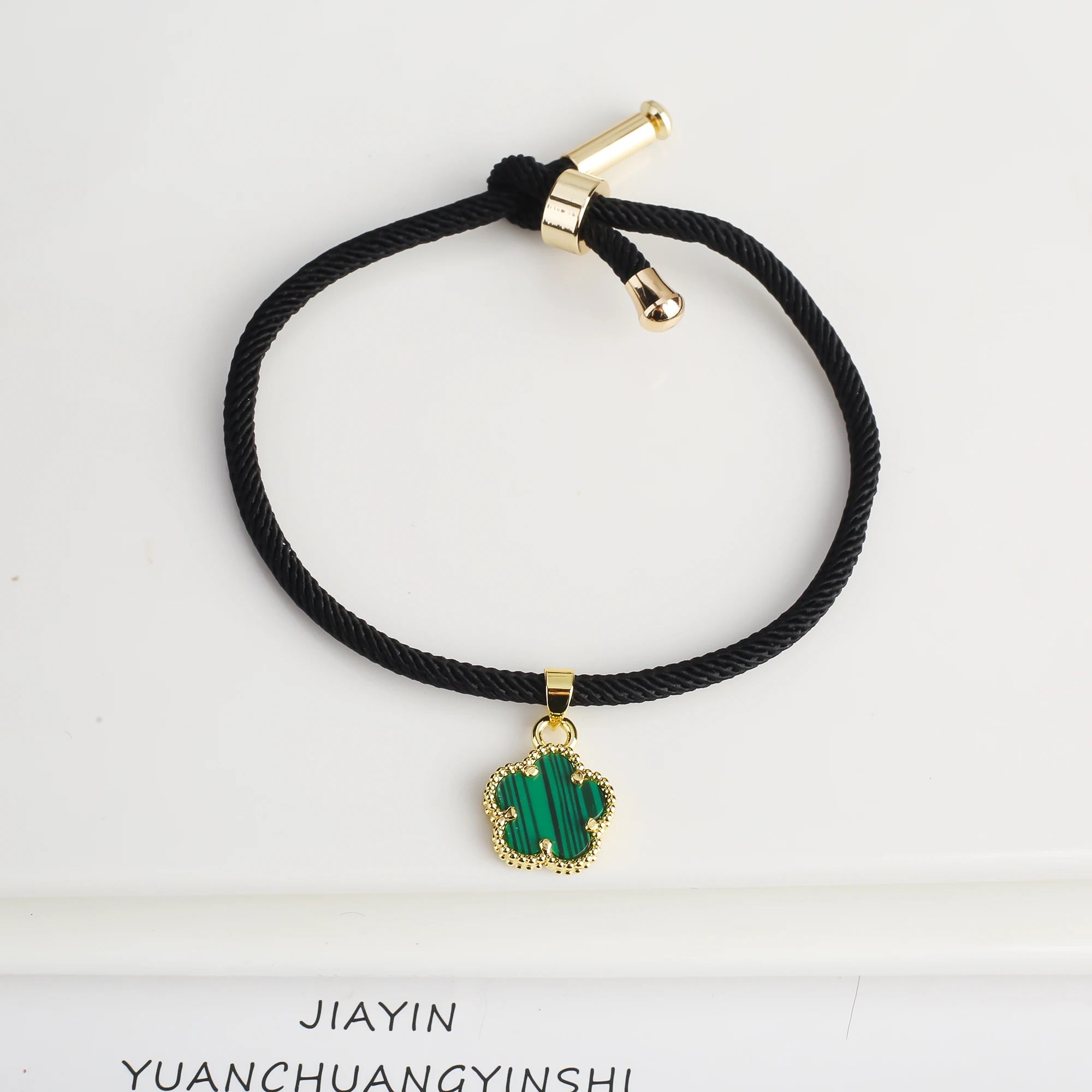 Simple Black Rope Braided Natural Stone Five Leaf Flower Bracelet Classic for Woman Girl High Quality Party Jewelry Gift Clover Qme Green