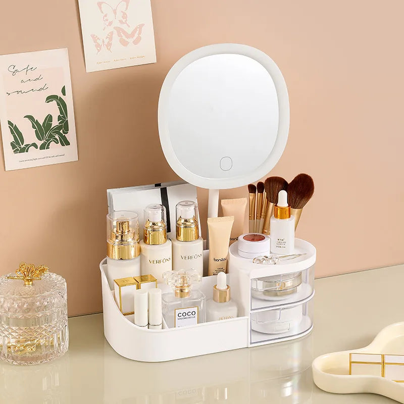 Makeup Storage Box With Mirror Desktop Dressing Table Makeup Mirror Cosmetics Jewelry Storage Box Touch Light Storage Organizer Qme SIvoryWhtwithMirror